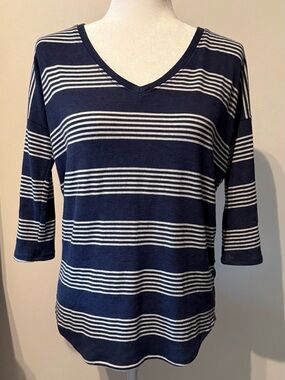 Market & Spruce Denim Blue and Off-White Striped V-Neck Top